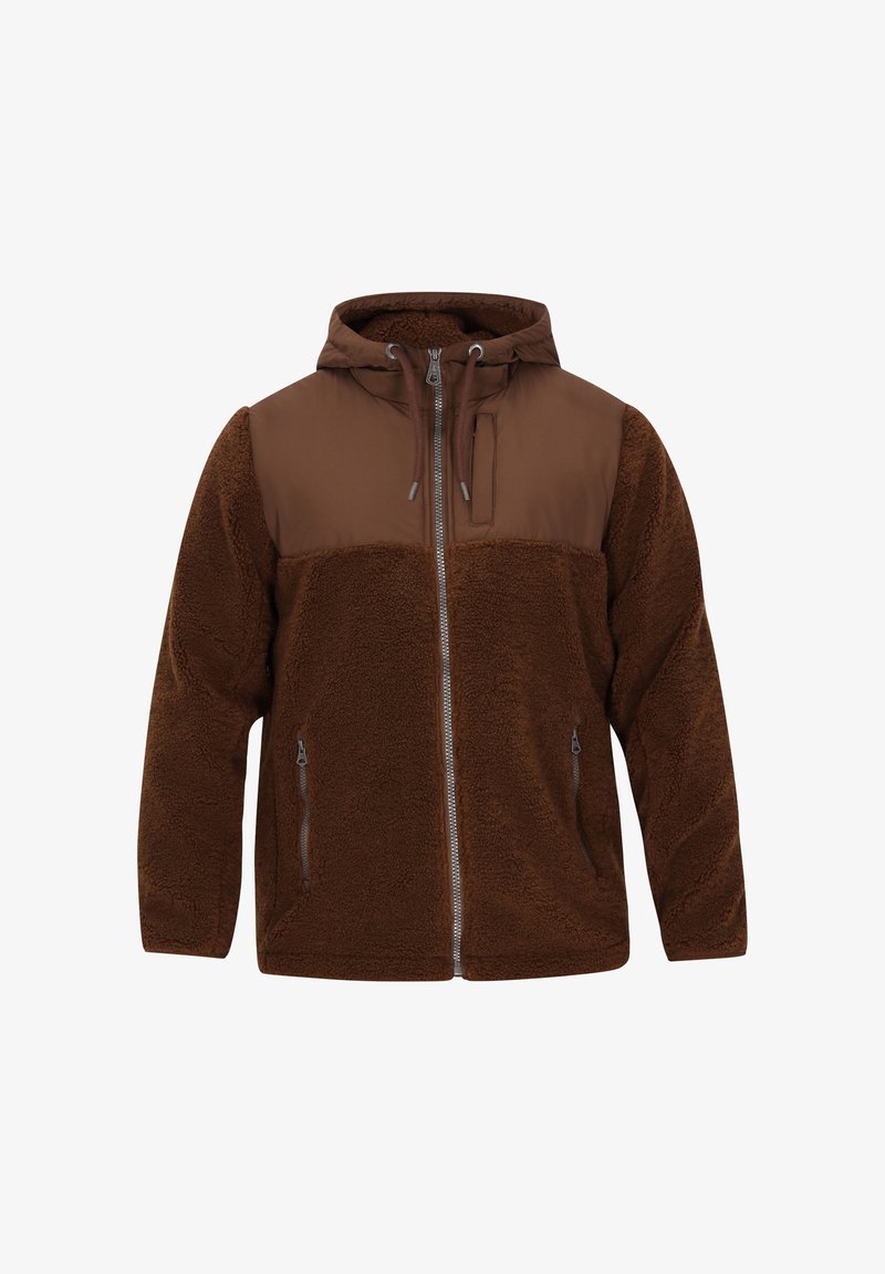 Brun fleecejakke med en kontrastfarvet brun stofpanel på skuldrene, lynlåslukning foran, justerbar hætte og to sidelommer.
