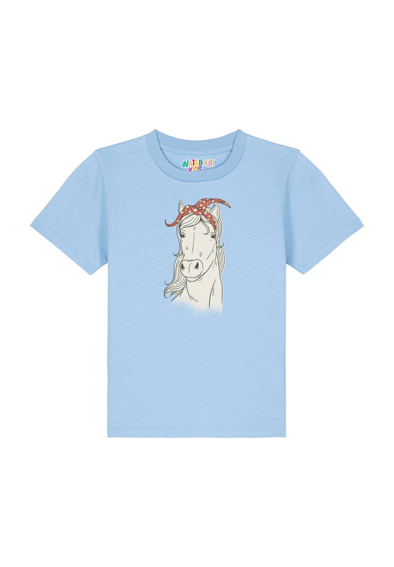 T-shirt en coton bleu clair avec un graphique d'un cheval portant un bandeau à pois rouges. Manches courtes, col rond et texture douce.