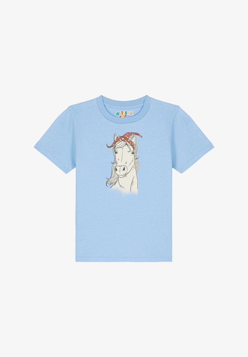 T-shirt en coton bleu clair avec un graphique d'un cheval portant un bandeau à pois rouges. Manches courtes, col rond et texture douce.