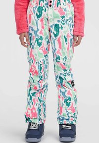 Pantalones de nieve de camuflaje coloridos que presentan una mezcla de rosa, verde, azul y blanco con un acabado brillante. Incluyen cierres de botón y cremallera.