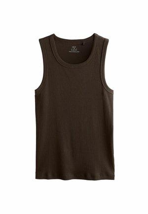 Dunkelbraunes, figurbetontes ärmelloses geripptes Tanktop mit rundem Ausschnitt, Größe Medium, hergestellt in Bangladesch.