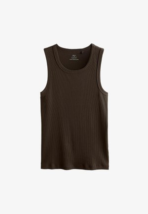 Dark brown slim fit sleeveless ribbed tank top with round neckline, size medium, made in Bangladesh.