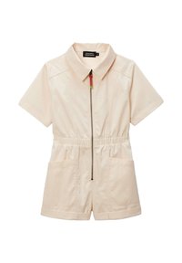 Rompers beige à manches courtes avec col, fermeture éclair sur le devant avec tirant rouge, taille élastique et deux poches appliquées à l'avant.