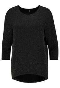 Maglione nero con maniche a tre quarti, caratterizzato da un tessuto lavorato con fili metallici, orlo arrotondato e un pannello posteriore liscio.