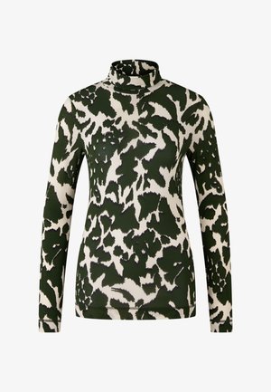 T-shirt à manches longues avec un col roulé, arborant un motif floral abstrait en camouflage vert foncé et blanc.