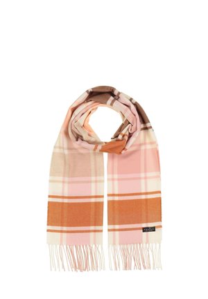Écharpe à carreaux aux tons chauds de rose, orange et brun, avec des bords frangés et une texture douce. Étiquette de marque visible en bas.