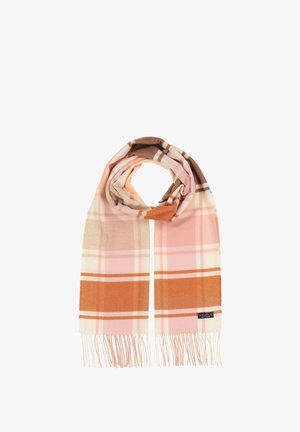 Sciarpa a quadri con calde tonalità di rosa, arancione e marrone, caratterizzata da bordi frangiati e una texture morbida. Etichetta del marchio visibile in fondo.
