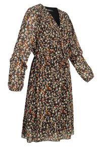 Floral dress in sheer black fabric with orange, white, and green flowers. Features long sleeves, a v-neck, and a gathered waist.