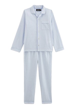 Haut de pyjama boutonné à manches longues rayé bleu clair et blanc avec une poche poitrine, accompagné d'un pantalon de pyjama long assorti.