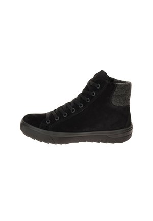 Black high-top sneaker with black laces and gray padded collar, flat rubber sole, and stitched suede upper, side view on white background.