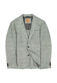 Grauer Tweed-Blazer mit strukturiertem Muster, zwei Fronttaschen, Ein-Knopf-Kragen und schwarzen Knopfdetails. Innenfutter für zusätzlichen Komfort.