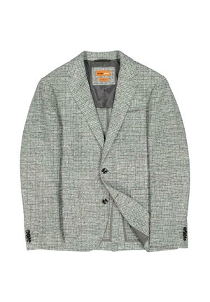 Gray tweed blazer with a textured pattern, two front pockets, single collar, and black button accents. Lined interior for additional comfort.