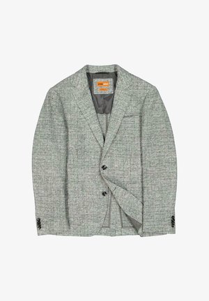 Gray tweed blazer with a textured pattern, two front pockets, single collar, and black button accents. Lined interior for additional comfort.