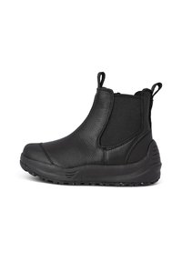 Botas de tobillo de cuero negro con paneles elásticos en los lados, suela de goma, acabado texturizado y lazos para facilitar el calzado.