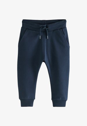 Mørkeblå sweatpants til småbørn med ribbet talje og manchetter, justerbar snor og sidelommer.
