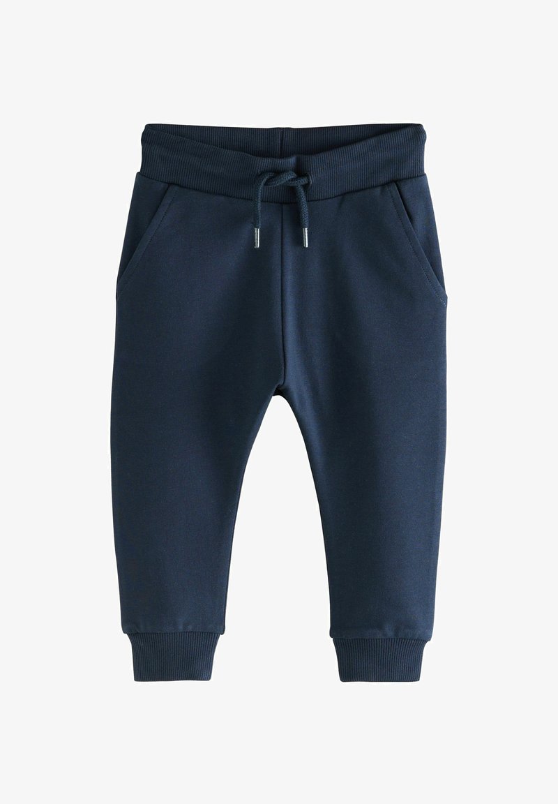 Pantaloni della tuta blu scuro per bambini piccoli con vita e polsini a costine, coulisse regolabile e tasche laterali.