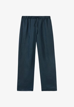 Dunkelblaue Leinenhosen mit lockerer Passform, elastischem Bund und verstellbarem Bindeband. Sie verfügen über eine weiche Textur und ein weiteres Bein-Design.