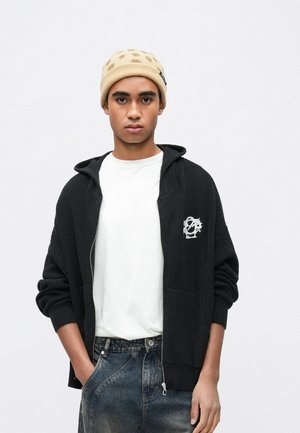 EMBROIDERY FRONT ZIP - Strickjacke - black