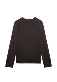 Chemise à manches longues de couleur marron foncé, fabriquée dans un tissu doux et texturé. Elle présente un col rond et un ourlet droit sans détails évidents.