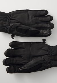 Zwarte leren handschoenen met een gestructureerde afwerking, voorzien van een strakke manchet en een contrasterend stoffen paneel. Ontworpen voor gebruik in koud weer.