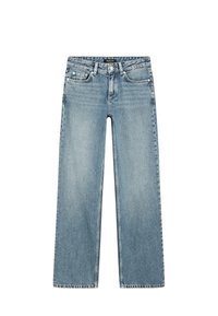 Ljusblå denimbyxor med vida ben, midja i normalhöjd, fem fickor och sömnadsdetaljer längs sömmarna och fållen.