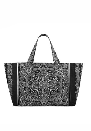 Czarna torba typu tote z białymi, misternymi wzorami paisley i kwiatowymi, wyposażona w dwa uchwyty oraz małe logo "LEBRAND" w rogu.