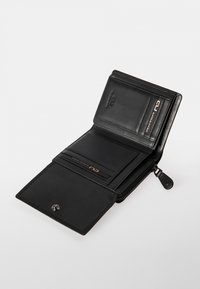 Black leather wallet with zipper closure, featuring multiple card slots, smooth texture, and embossed logo detail. Interior is minimalist.