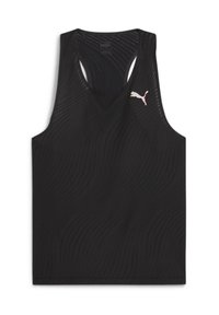 Juodas sportinis tankinis su bangų raštu, pagamintas iš lengvos medžiagos. Turi lenkimo atgal dizainą ir mažą rožinį Puma logotipą krūtinėje.