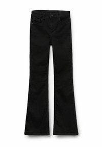 Černé rozšířené džíny vyrobené z denimu s hladkou strukturou, s páskem na knoflík a standardními kapsami.
