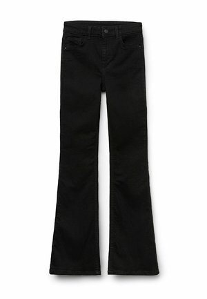 Svarta utsvängda jeans i denim med en jämn textur, med en midja som har knappstängning och vanliga fickor.