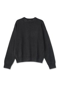 Tumši pelēks džemperis ar apaļu kaklu, brīvu piegriezumu un ribotām aprocēm. Iespējots teksturēts adījums un neliels logotips priekšpusē.