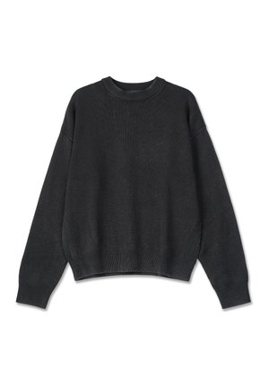 Σκούρο γκρι πουλόβερ με στρογγυλή λαιμόκοψη, χαλαρή εφαρμογή και ριγωτές μανσέτες. Διαθέτει υφή πλέξης και ένα μικρό λογότυπο μπροστά.