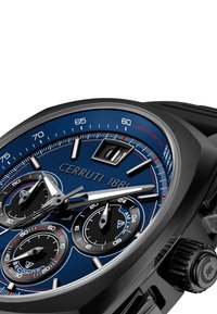 Cerruti 1881 chronografas su mėlynu ciferblatu, sidabriniais akcentais, trimis subciferblatais, tachimetro skalė, ir tekstūruota juoda dėžutė bei dirželis.