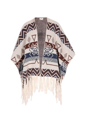 Kuviollinen poncho, jossa on punaisia, sinisiä ja kermaisia geometrisia kuvioita. Valmistettu teksturoidusta kankaasta, jossa on kermaista fringedetallahelmaa.