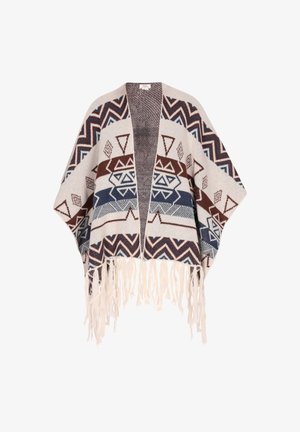 Pončo z vzorcem, ki vsebuje rdeče, modre in kremne geometrijske vzore. Narejen iz teksturiranega blaga s kremnimi resicami ob robu.