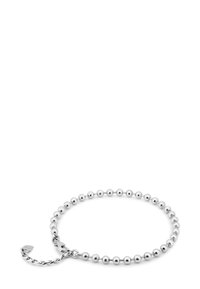 Pulsera de plata con cuentas que presenta pequeñas cuentas metálicas redondas y un cierre retorcido para un cierre seguro. Superficie lisa y pulida en todo momento.