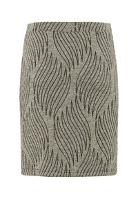Strickrock in Hellgrau mit einem schwarzen Wellenmuster. Figurschmeichelndes Design, elastischer Bund und glatte Textur.