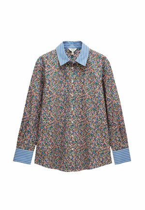 Langärmliges Hemd mit buntem Blumenmuster und blauem gestreiften Kragen und Manschetten. Verfügt über Knöpfe an der Vorderseite und einen lockeren Schnitt.