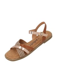 Flache Sandalen in Tan mit metallischen, roségoldenen Riemen und strukturierten, braunen, gewebten Akzenten. Verstellbarer Knöchelriemen mit Schnalle, gepolsterte Innensohle.