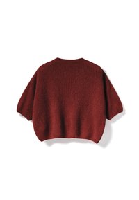 Tumepunane lühikeste varrukatega kootud kampsun ümarate kaelustega, tagantvaates valgel taustal.