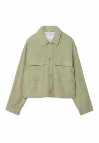 Khaki krótka kurtka z długimi rękawami, dwoma przednimi kieszeniami, zapięciem na guziki i kołnierzykiem. Wykonana z teksturowanej, lekkiej tkaniny.