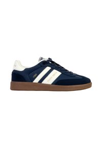 Zapatillas color azul marino con rayas blancas, materiales de ante y cuero, suela de goma, detalle dorado "1989" y marca "Teddy Smith" en el lateral.