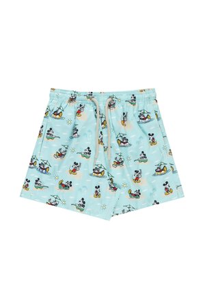 Costume da bagno corto azzurro chiaro con coulisse, con Mickey Mouse ripetuto in varie pose sulla spiaggia e mentre prende il sole.