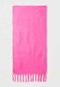 Pink wool scarf with frayed edges, rectangular shape, smooth texture, and a vibrant solid color. No patterns or additional accents.