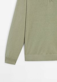 Groene gebreide trui met lange mouwen, geribbeld bij de manchetten en onderkant, met een gestructureerde stof en een halve rits bij de hals.