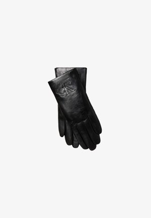 Paire de gants en cuir noir avec "CK" embossé sur le dessus d'un gant, disposés avec un gant chevauchant l'autre.