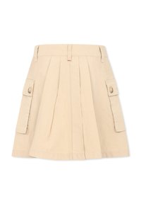 Gonna plissettata beige realizzata in tessuto leggero con due tasche cargo laterali, ciascuna con chiusura a bottone.