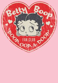 Červené srdce s opotřebovanou texturou, obsahující tvář Betty Boop a text "Fan klub Betty Boop", na růžovém pozadí.