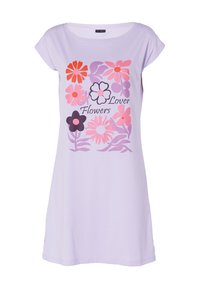 Abito di cotone lilla con maniche corte, caratterizzato da una grafica floreale con il testo "Lover Flowers" in rosa e viola. Tessuto morbido, vestibilità comoda.