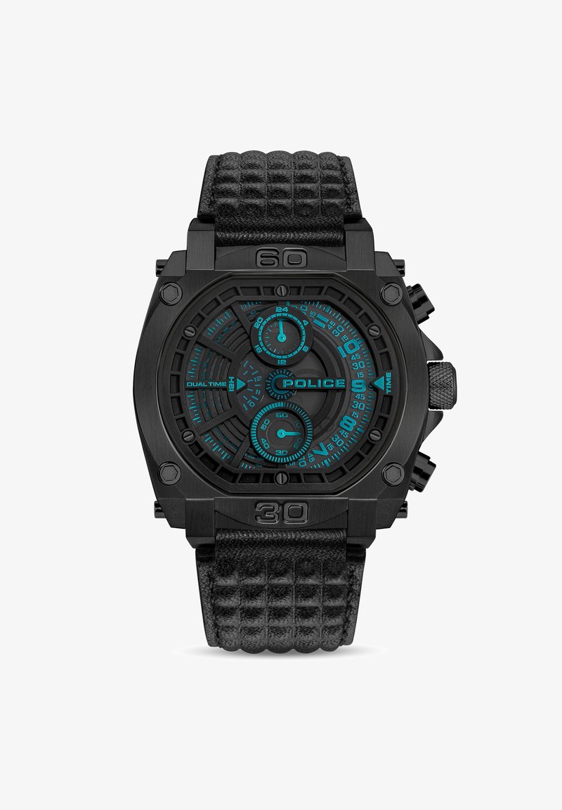 Montre chronographe noire avec un bracelet texturé, cadran noir avec des accents turquoise, double fuseau horaire et marqueurs d'heure bien visibles.